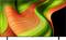 A vibrant and abstract design with swirling patterns in green, orange, and black, resembling flowing ribbons or waves.