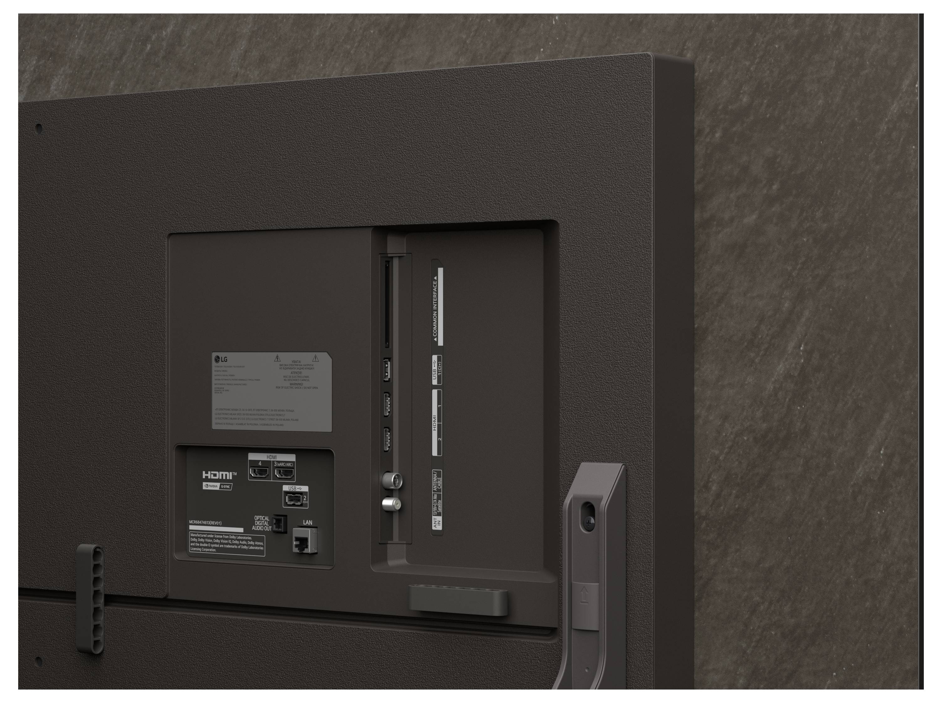 The image shows the back of a TV with visible ports including HDMI and USB. A wall mount bracket is partially visible on the side.