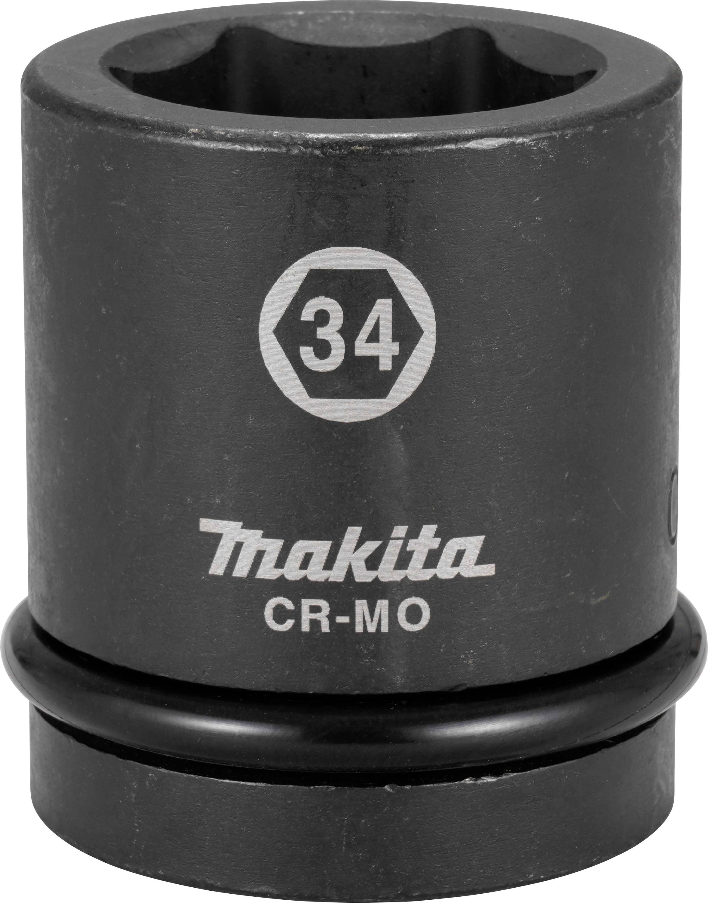 A black hexagonal socket nut by Makita, marked with the number '34' and the inscription 'CR-MO', is standing upright.