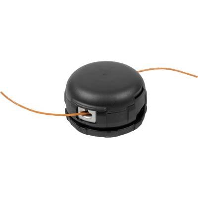 A black spool with an orange trimmer line, used for garden equipment such as lawn strimmers, lies on a white background.