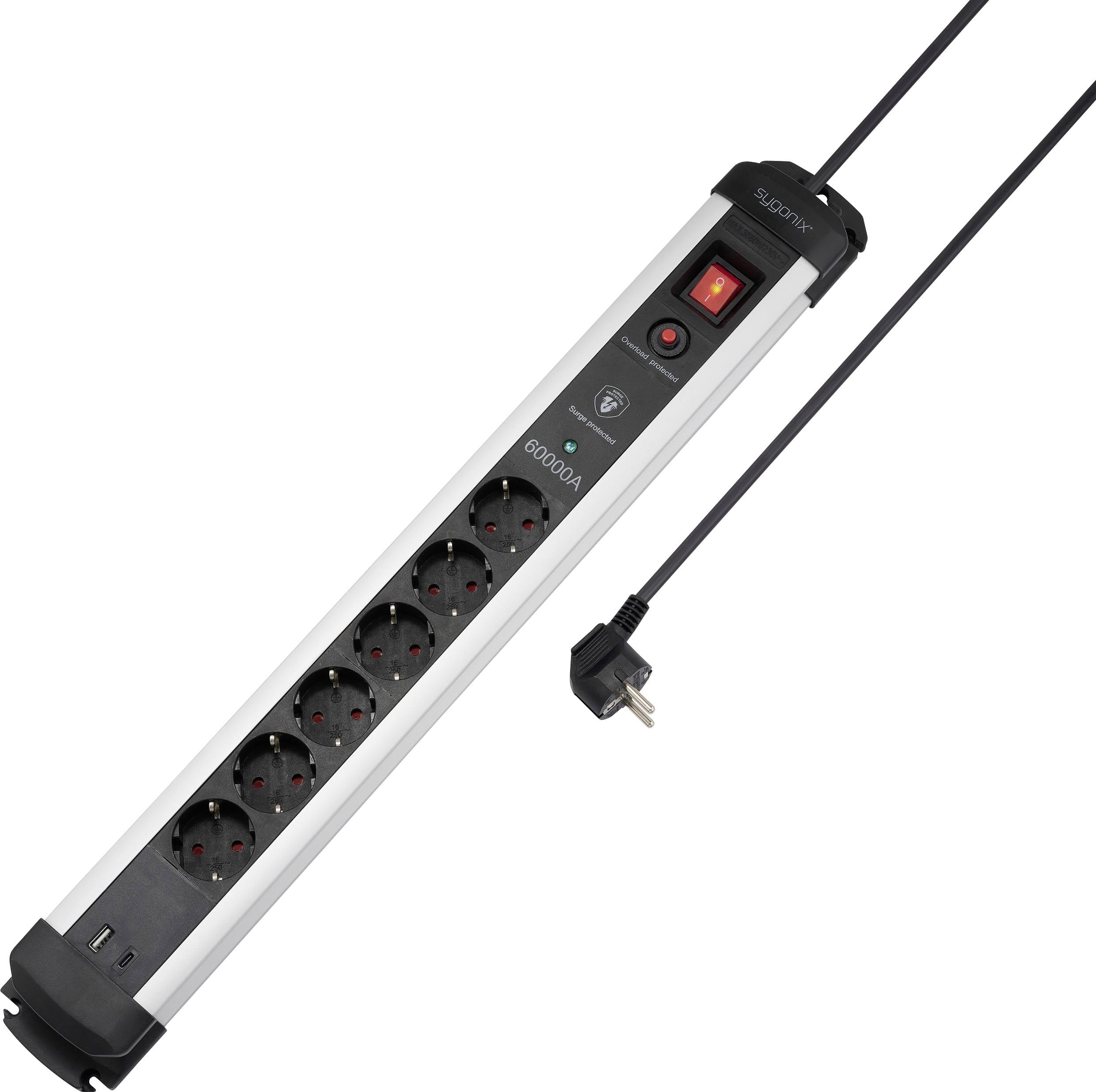 Sygonix SY-6805674 Surge protection power strip 6x Black, Silver PG connector 1 pc(s)