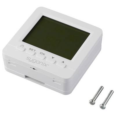 Wall-mountable digital thermostat with 'sygonix' branding, displaying a screen and three buttons labeled 'SET,' 'OK,' and directional arrows, alongside two mounting screws.