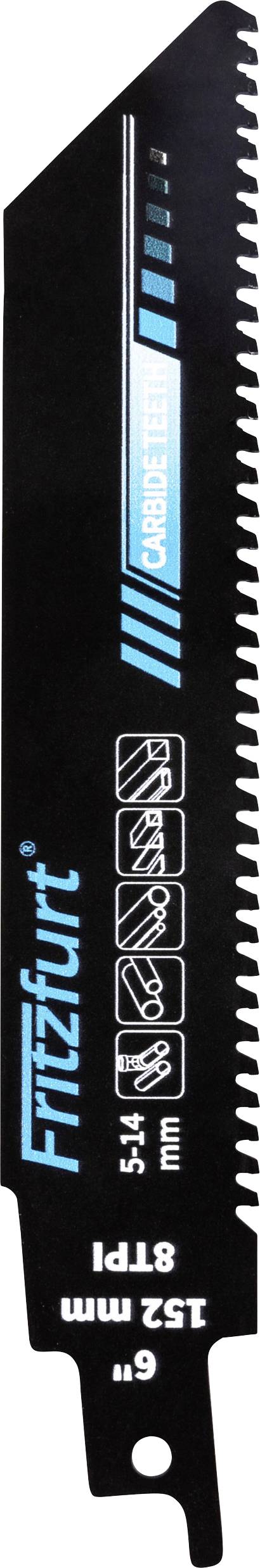 'A Fitzfur reciprocating saw blade; metal cutting design, 152 mm, 9 TPI, blue and white graphics on a black background.'