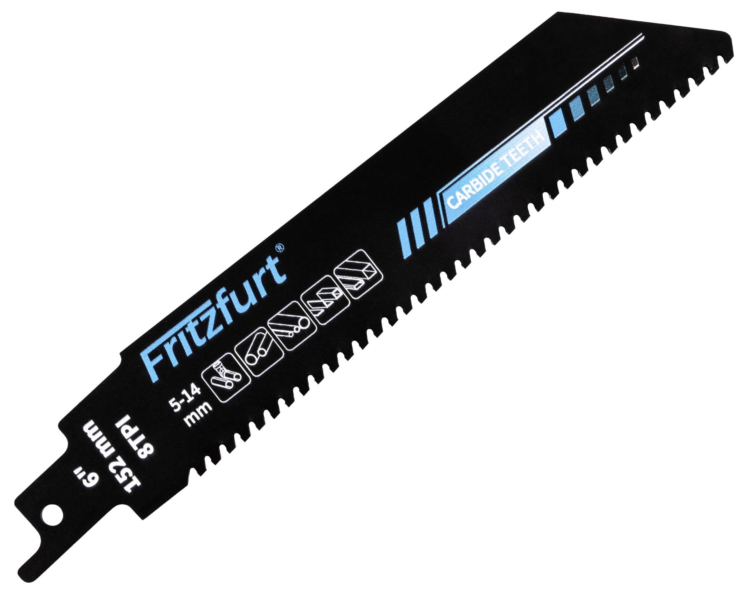 Saw blade labeled 'Fritzfurt', featuring carbide teeth, measures 152mm with icons illustrating its use for various materials.