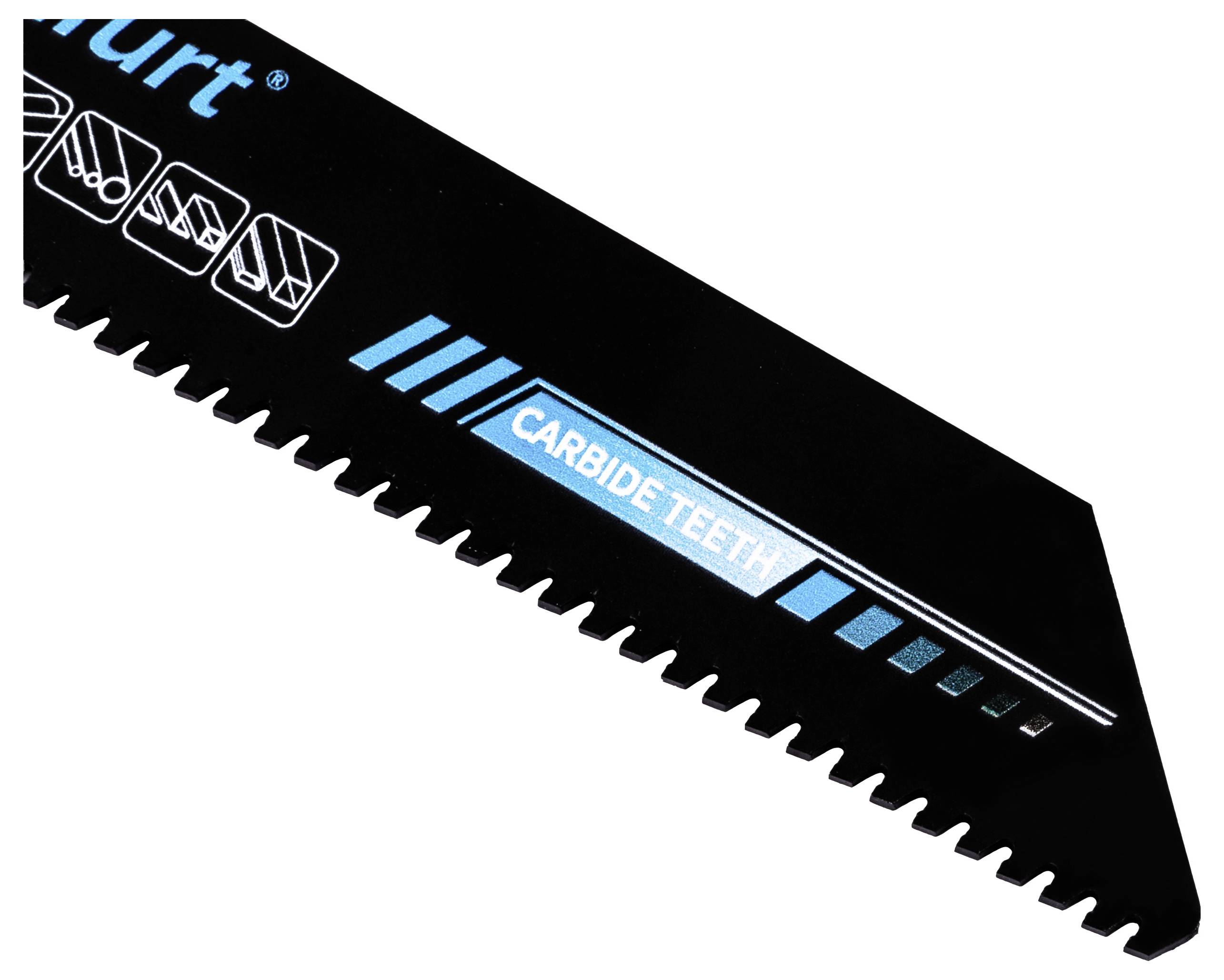 A close-up of a saw blade with carbide teeth, featuring blue and white branding symbols indicating it is suitable for wood cutting.