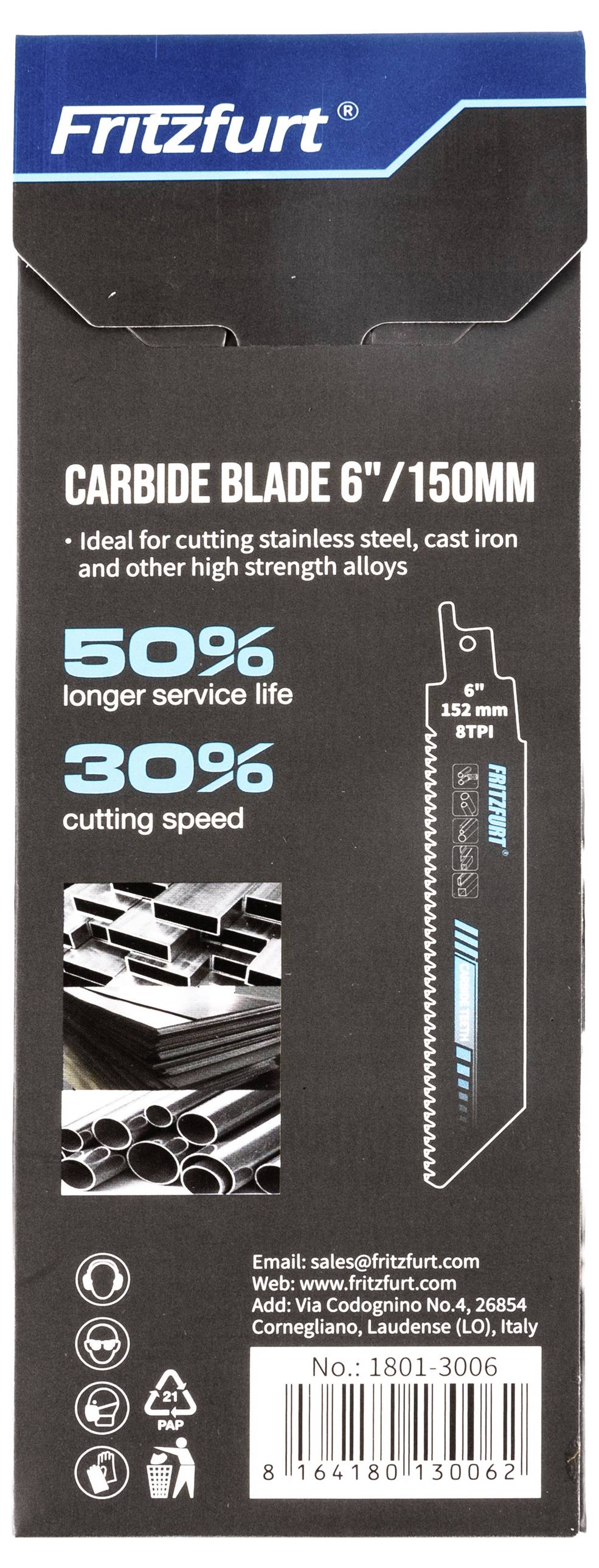 'Fritzfurt' carbide blade packaging showcases a 6"/150mm blade. Highlights: 50% longer service life, 30% increased cutting speed. Suitable for stainless steel, cast iron, high-strength alloys.