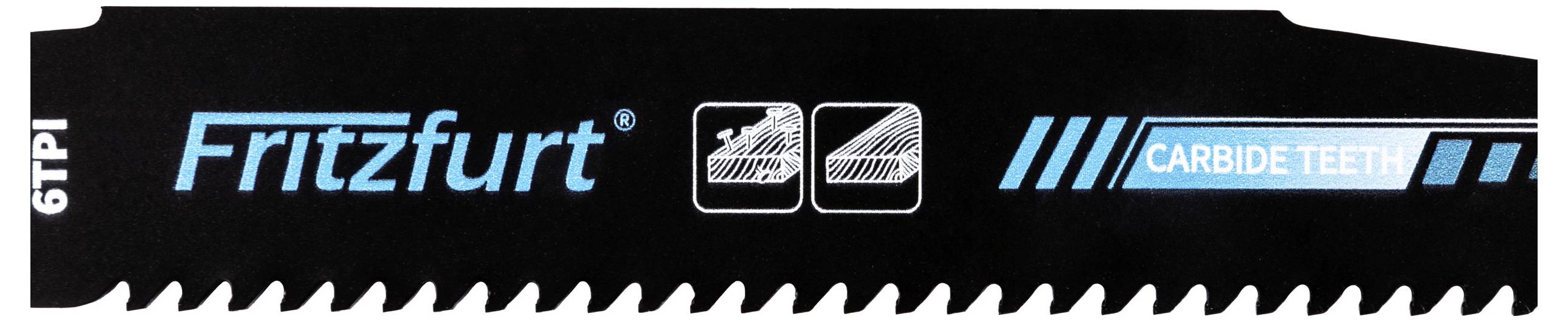 'Saw blade with 'Fritzfurt', illustration, and 'CARBIDE TEETH' label, 6 teeth per inch.'