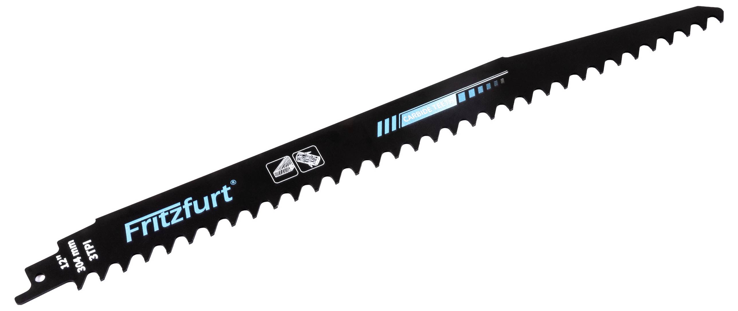 A black saw blade with sharp teeth, labeled 'Fritzfurt'. The blade has an attachment end for fitting into a cutting tool.