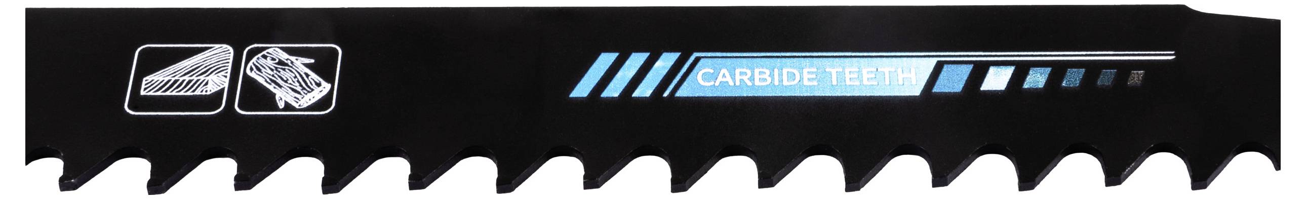 A close-up image of a black saw blade with jagged edges featuring icons and the label 'Carbide Teeth' in blue text.