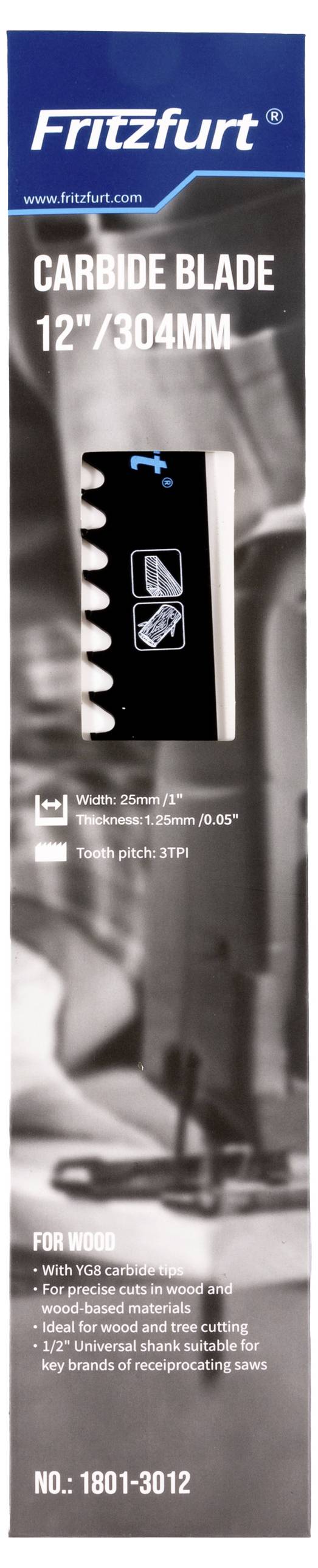 Fritzfurt carbide blade packaging showing a 12"/304mm blade with features for wood and nail cutting. Model number 1801-3012.
