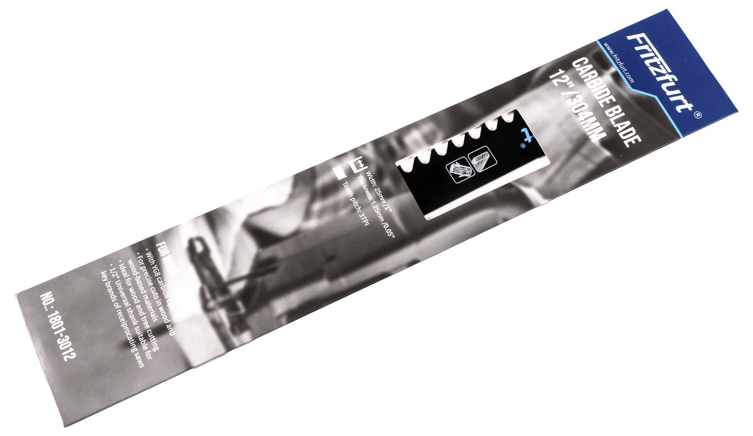 'Fitzfulk Carbide Blade, 12-TPI (6 mm), 1809012.' Blade packaging featuring an image of the blade and product details in white text on a dark backdrop.