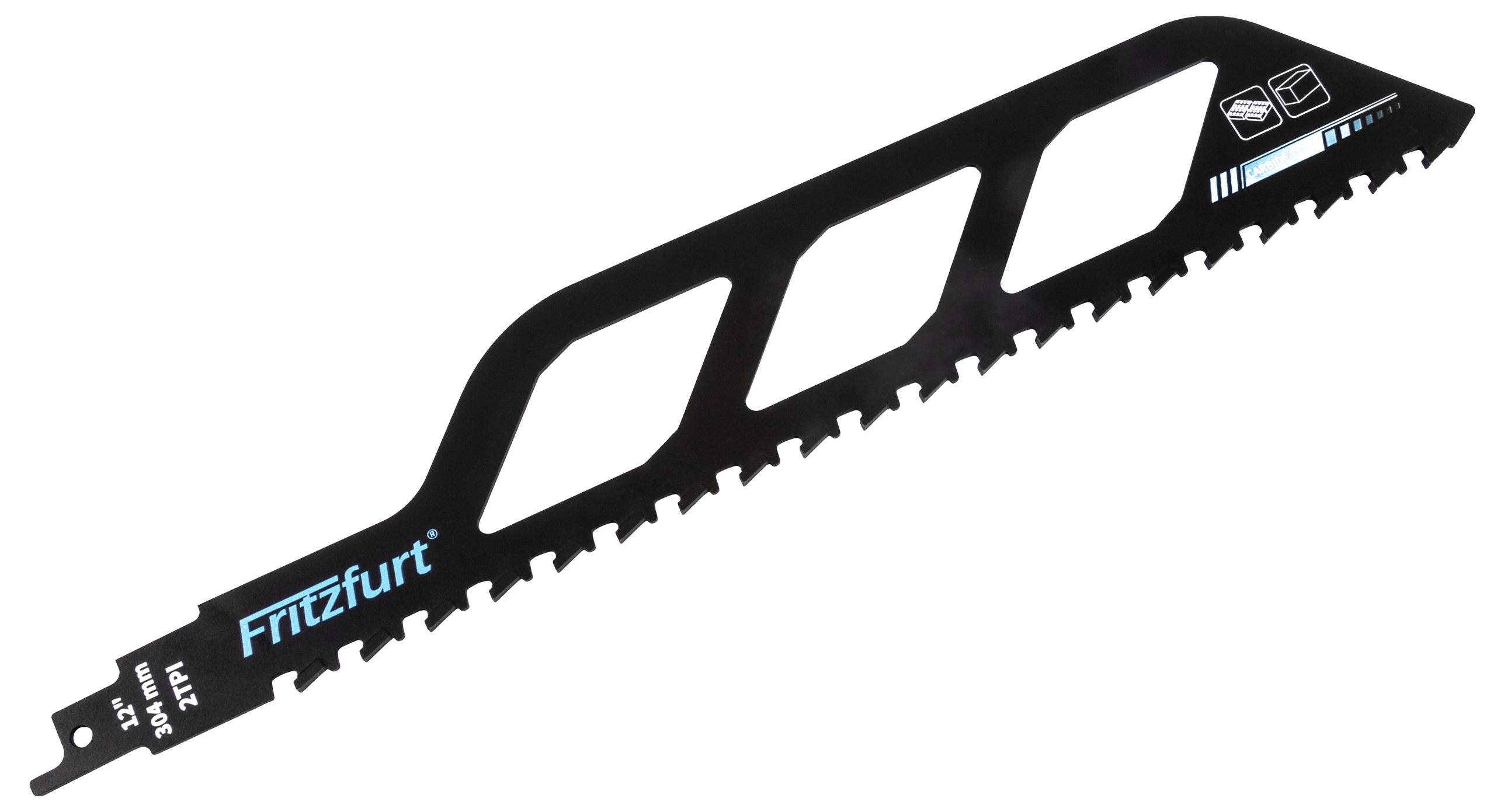 A black reciprocating saw blade with sharp teeth and cut-out sections, labeled 'FRITZfurt.'