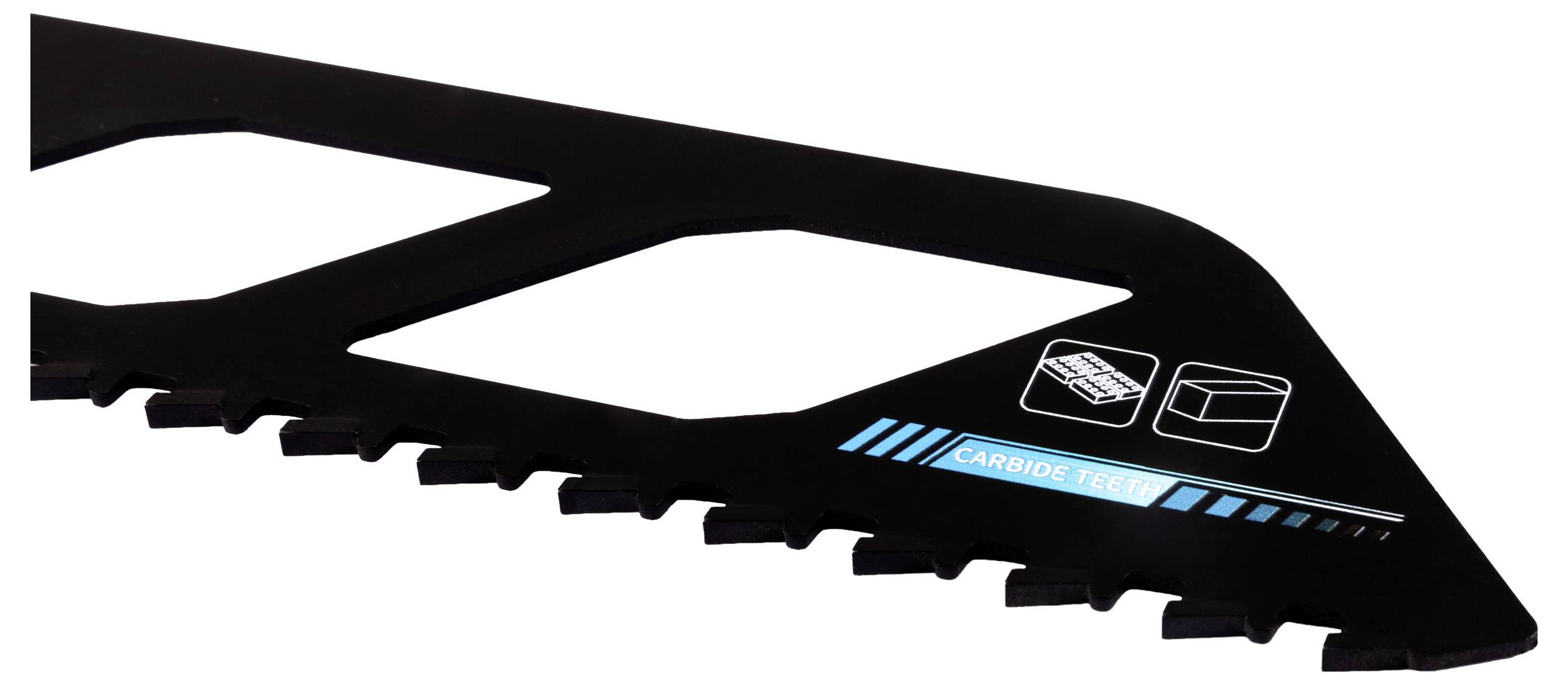 A close-up of a black saw blade with blue 'Carbide Tech' text and icons of a tree and a box, indicating its cutting capabilities.