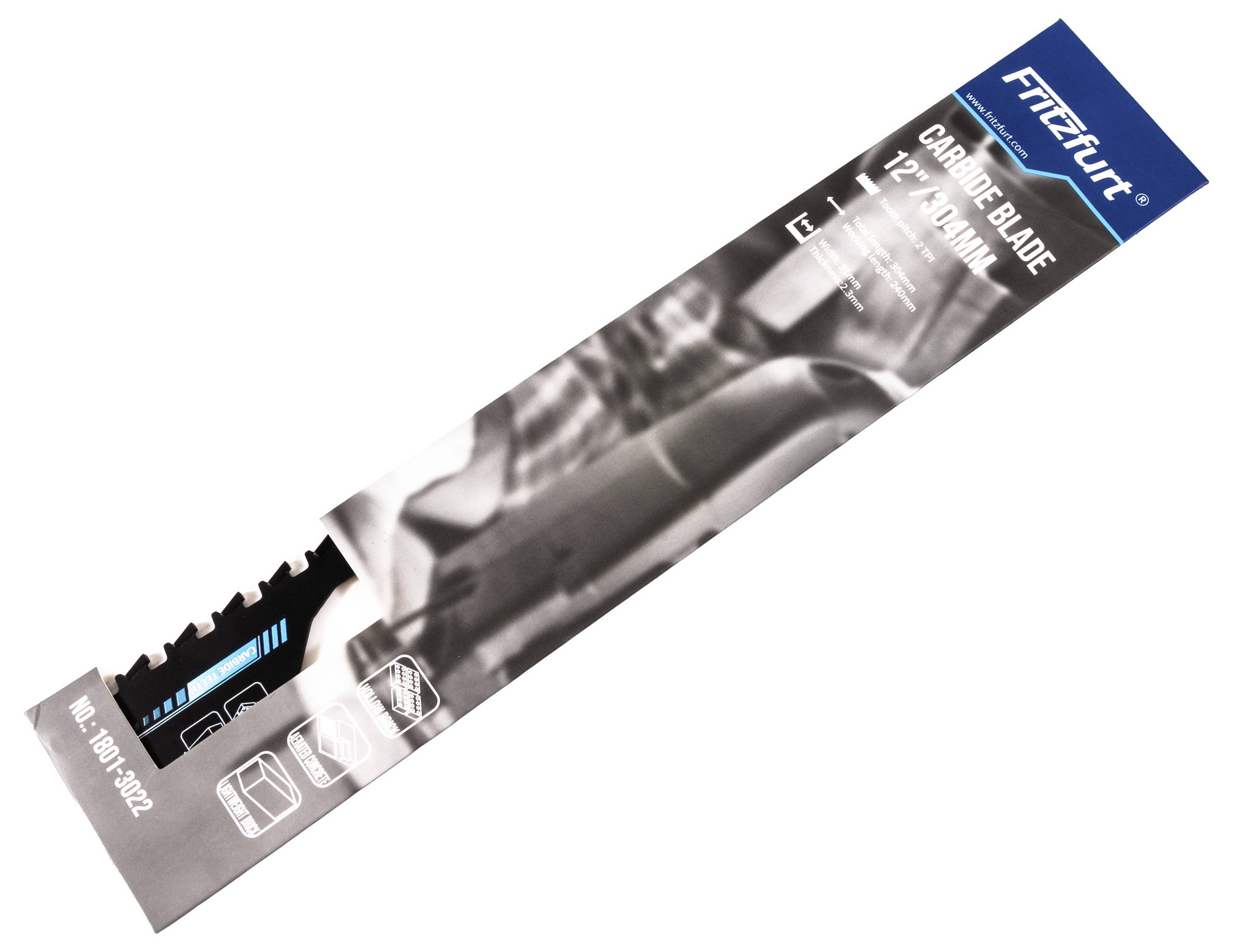 A 'Fitzpurt Carbide Blade' 12-inch packaging showing product image, specifications, and icons for use, cutting materials, and size.