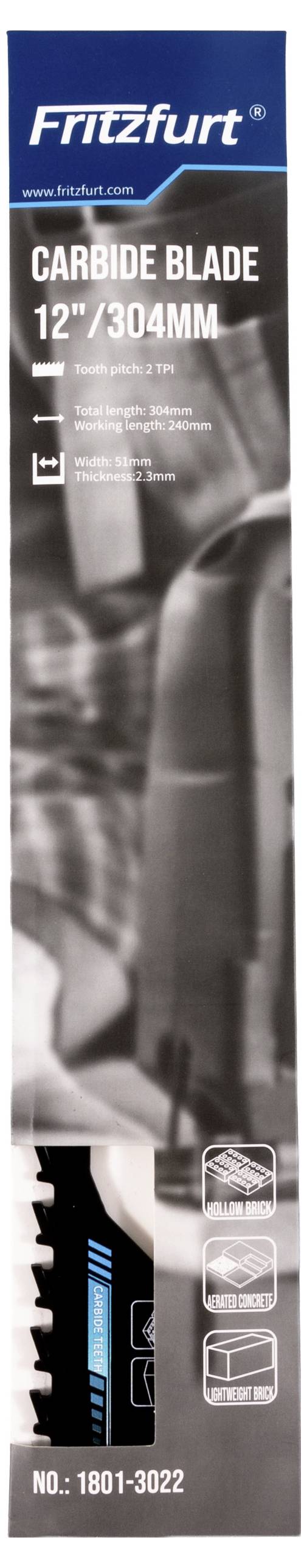 Packaging for a 'Fritzfurt' 12-inch carbide saw blade, including blade image, size details, and part number 1801-3022.