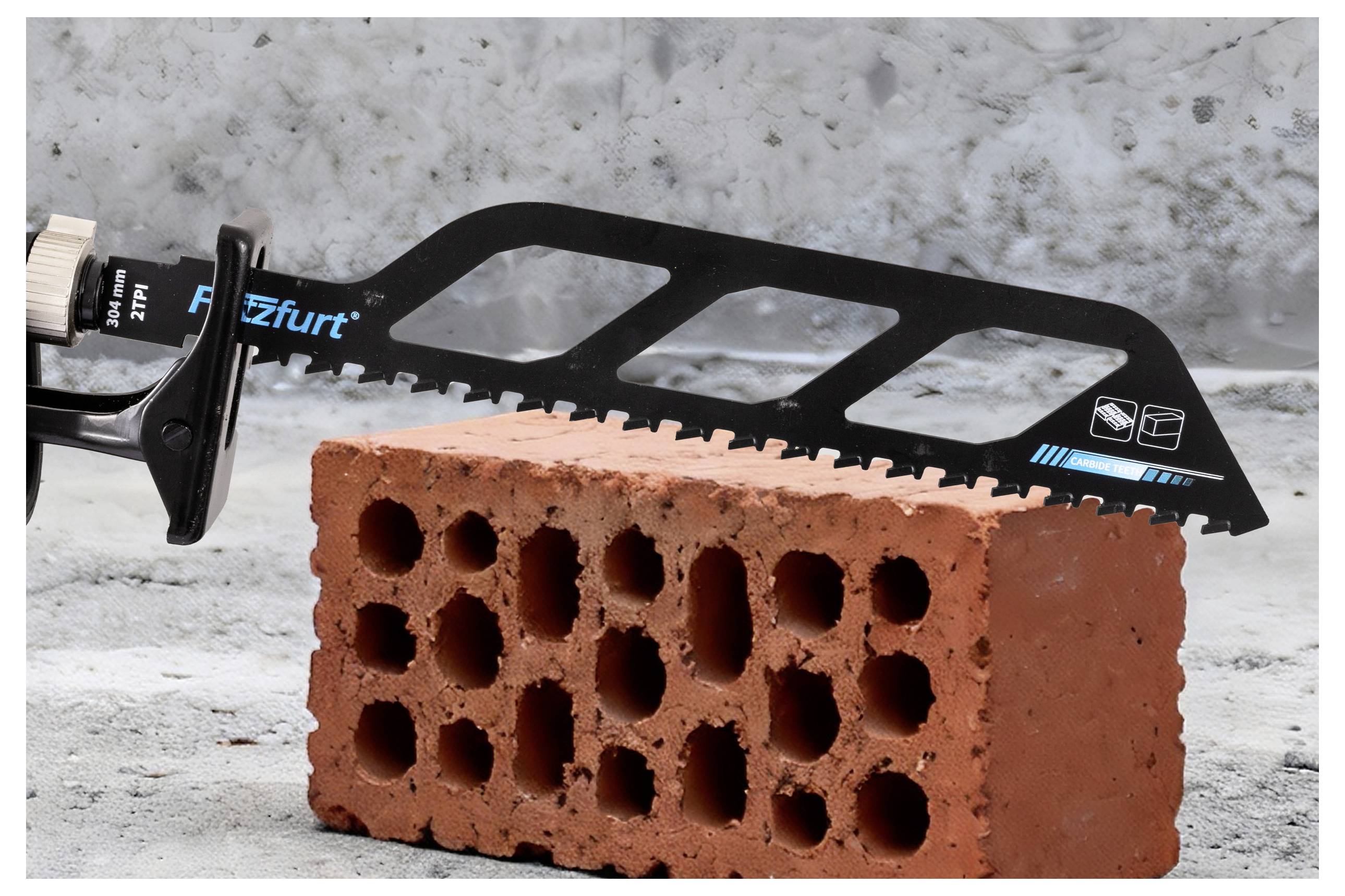 A saw with a perforated blade cutting into a red brick, demonstrating the tool's function and capability on a concrete background.