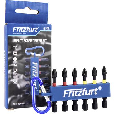 'Fritzfurt 6 pcs impact screwdriver bit set' with holder and carabiner. The packaging shows bits suited for various screw types.