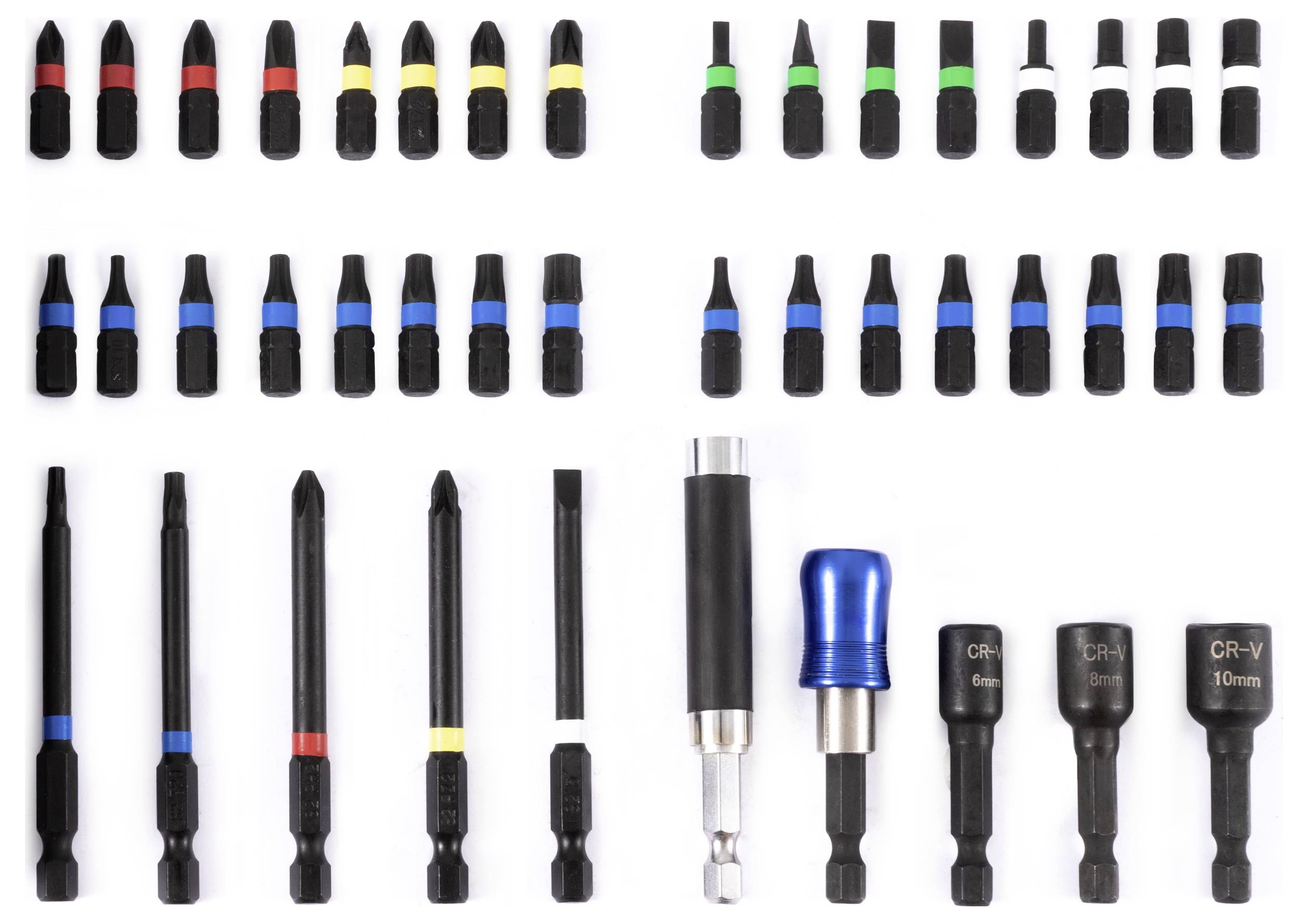 A set of assorted screwdriver bits organized in rows, featuring various head types and sizes, including Torx, Phillips, slotted, and hex, each marked with color bands.