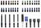 A set of assorted screwdriver bits organized in rows, featuring various head types and sizes, including Torx, Phillips, slotted, and hex, each marked with color bands.