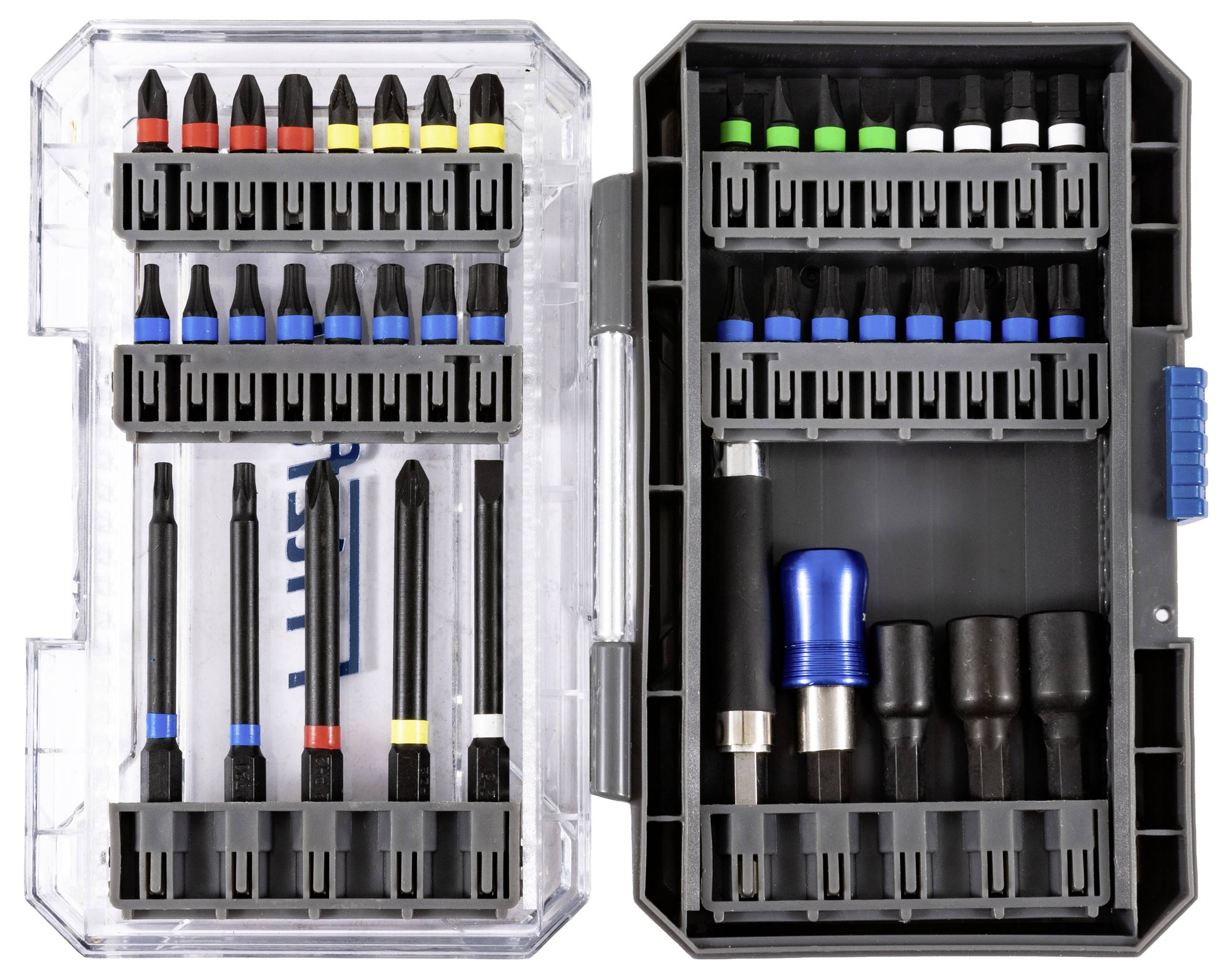 An open case with various screwdriver bits and tools organized in compartments, displaying multiple types for versatile use.