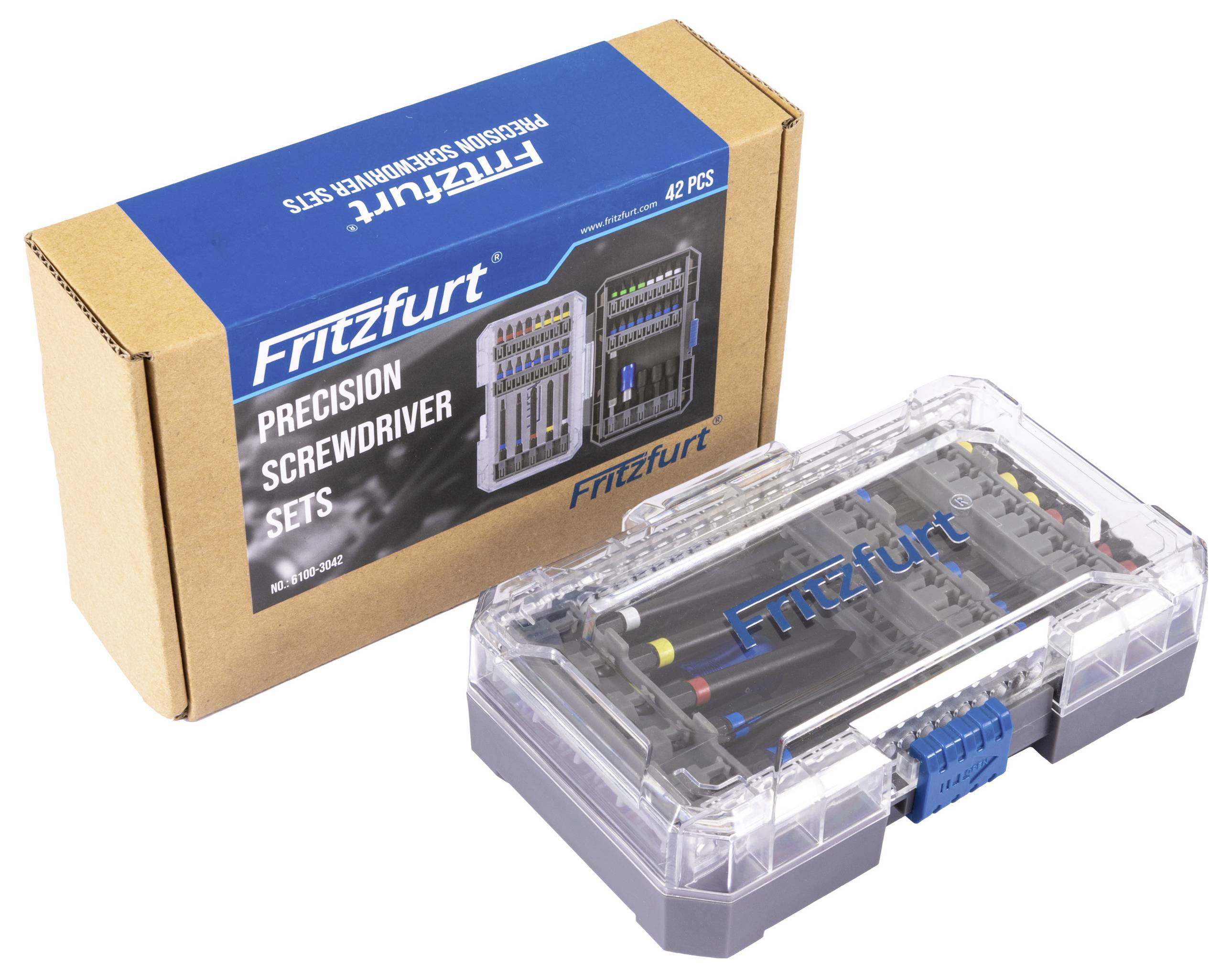 A 42-piece precision screwdriver set labeled 'Fritzfurt' includes various tools in a transparent case, shown alongside its packaging box.