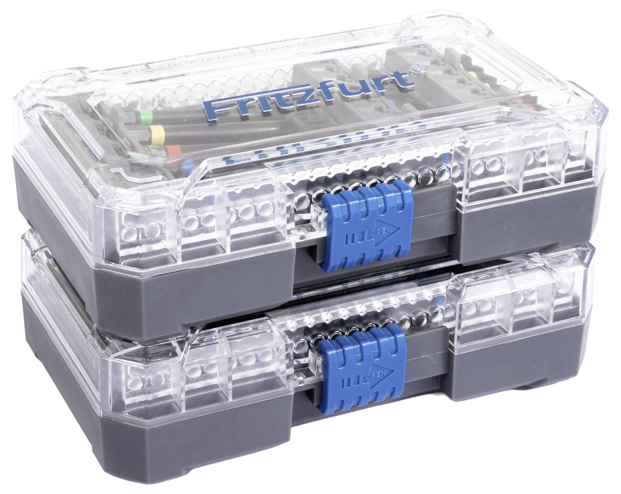 A stack of two transparent plastic toolboxes with gray bases and blue sliding locks, containing colorful cable jumpers, labeled 'Fritzfurt'.