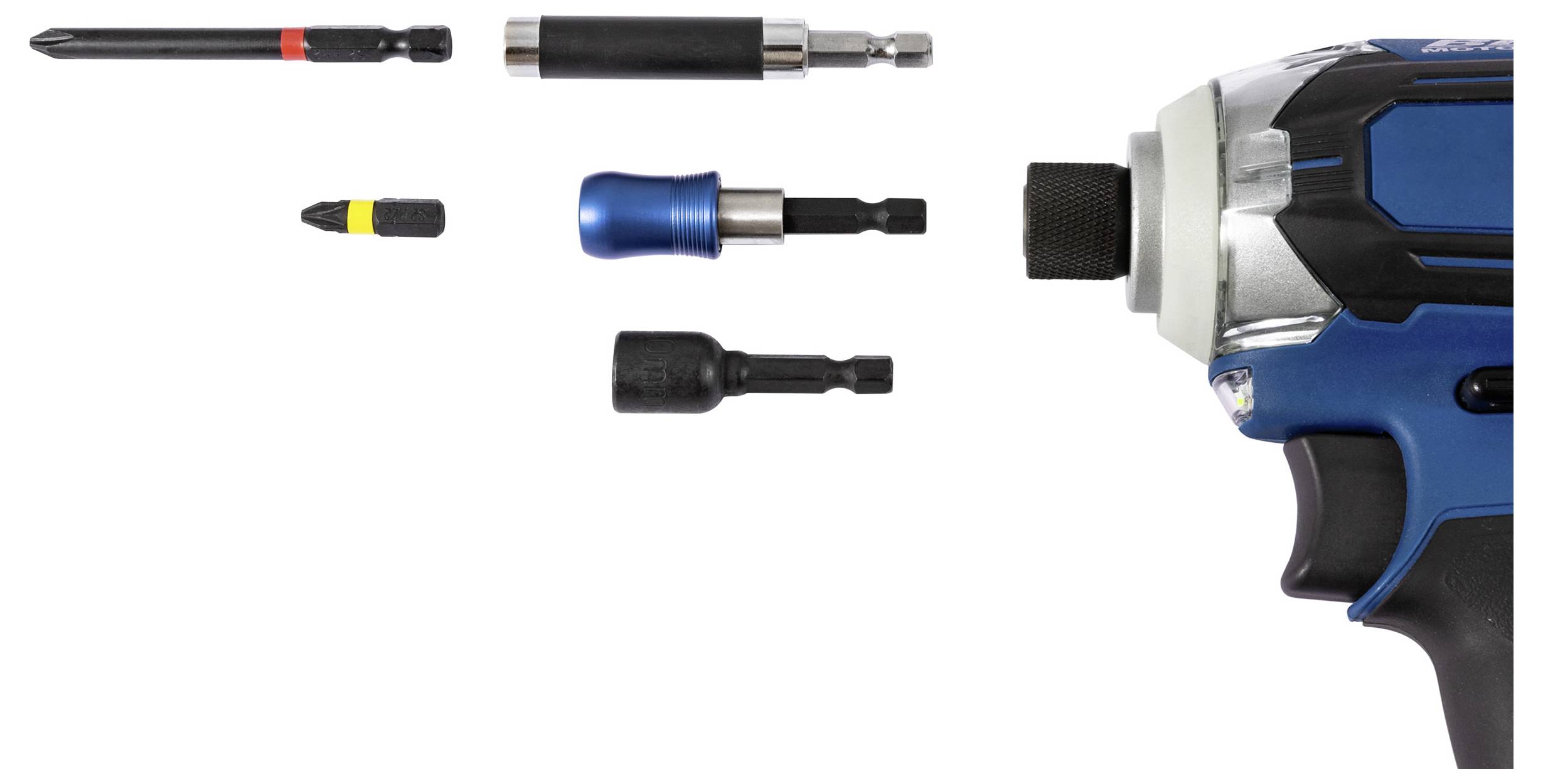 A powered screwdriver is shown with five different drill bits of various shapes and colors, positioned to the left of the tool.