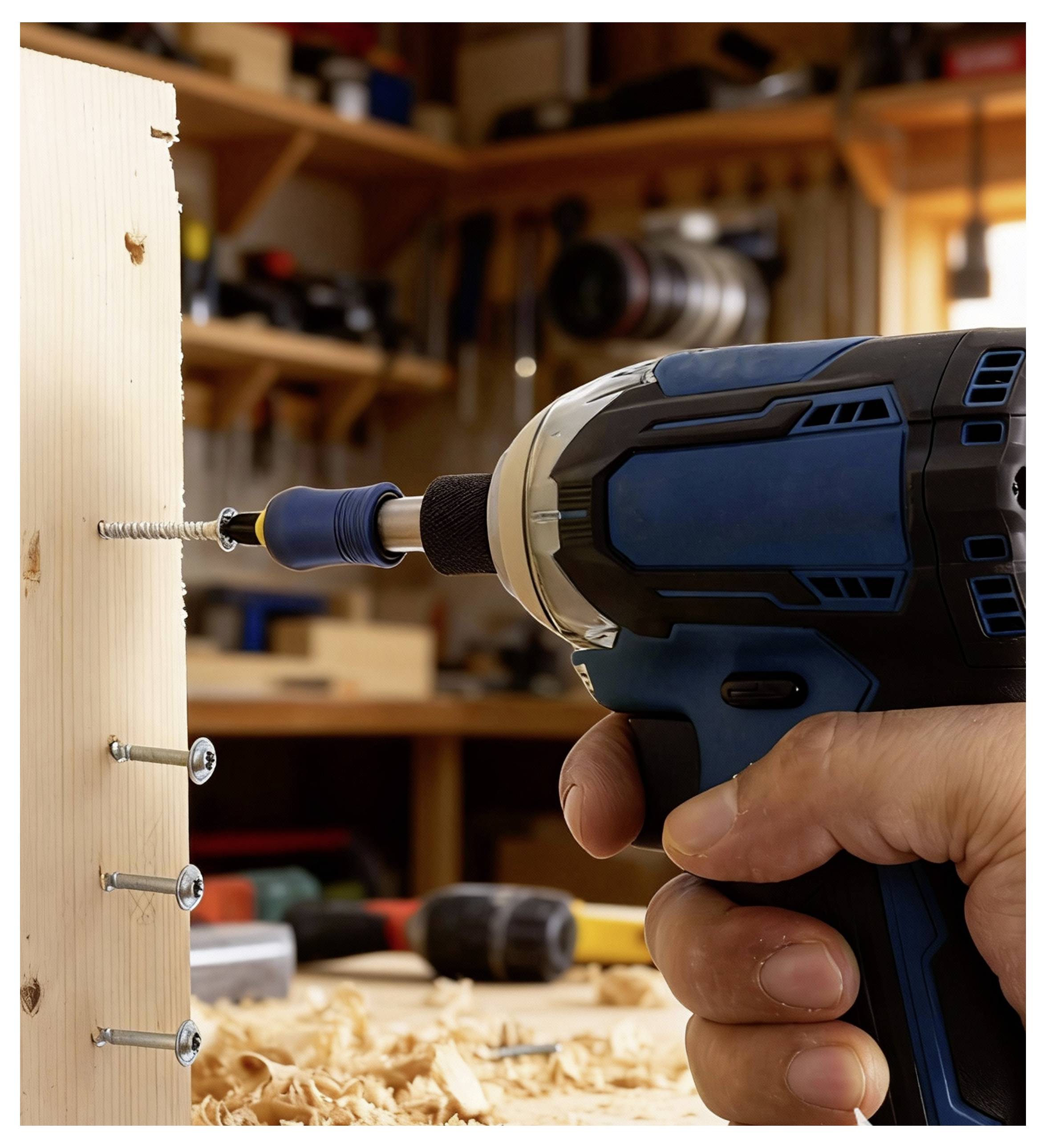 A person is using a blue power drill to insert a screw into a wooden plank, with a workshop and tools visible in the background.