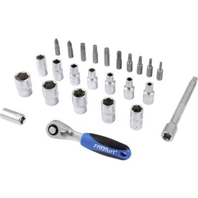 A set of socket wrenches and bits, including a ratchet handle with a blue grip, various sockets, and extensions, arranged on a white background.