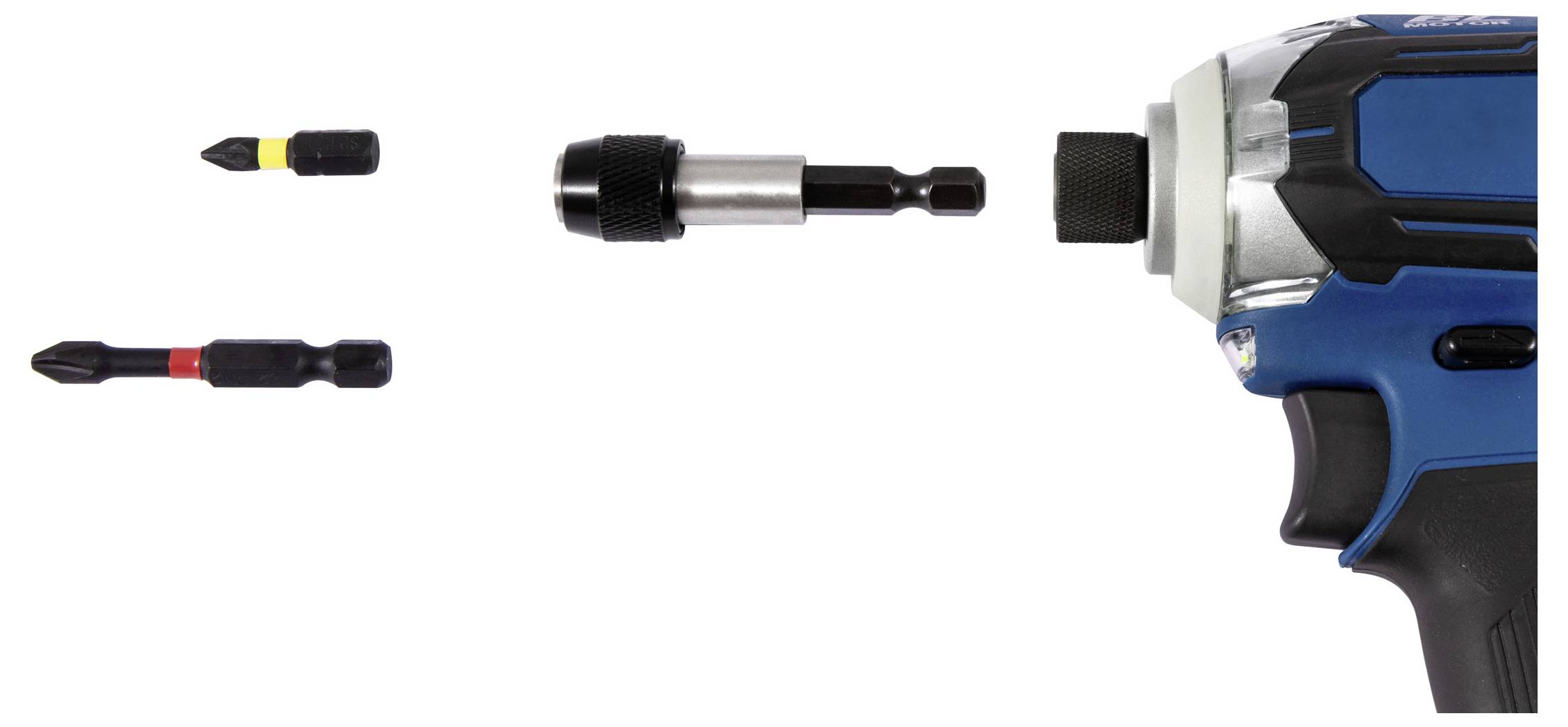 A power drill with an attached bit holder and three interchangeable bits: yellow, black, and red bands indicating different sizes.