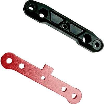 'Image of two metal components with holes; one is black, shaped like a bracket, and the other is red, long, and flat.'
