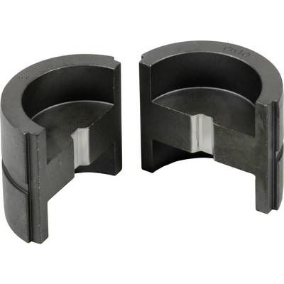 Two semi-circular metallic objects that look like split cylinders, with a notch and a lighter inner surface.