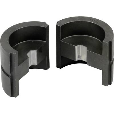 Two semi-cylindrical, black metal parts with grooves that can fit together. They are open and placed side by side.