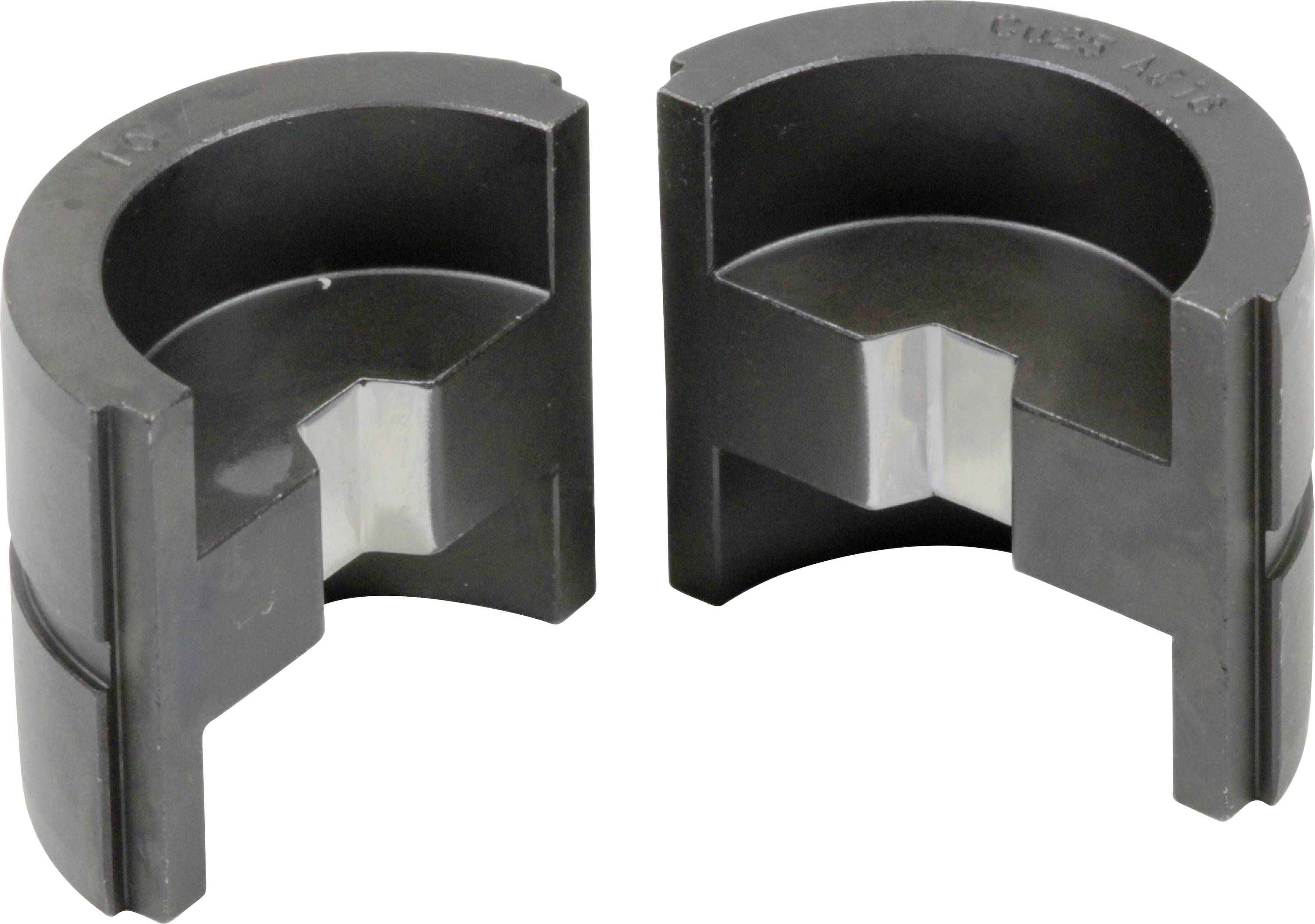 Two black semicircular metal clips lying open side by side, used for securing cylindrical objects.