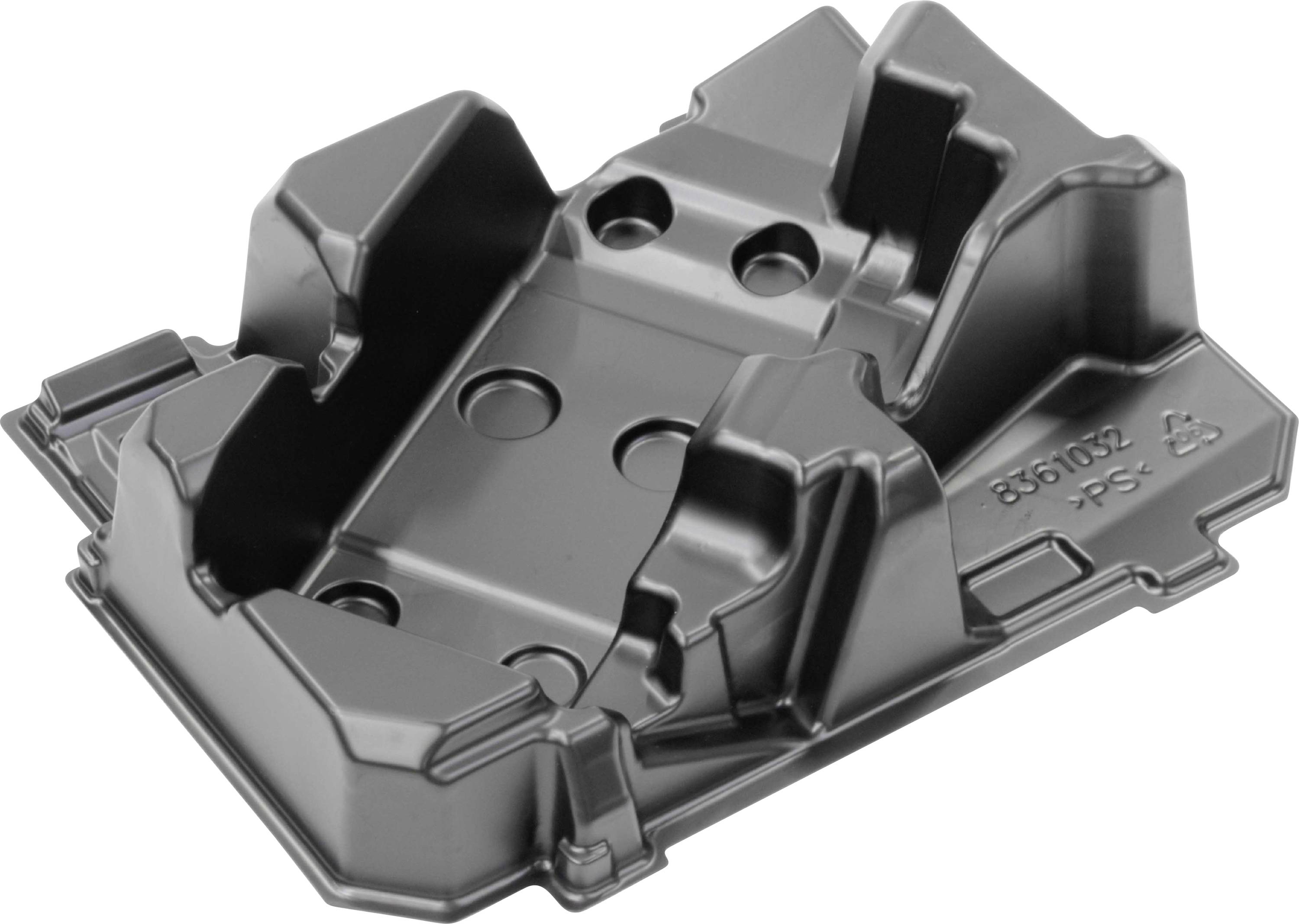 A grey plastic injection-moulded component with recessed sections and raised edges, potentially for use in packaging or as a mounting bracket.