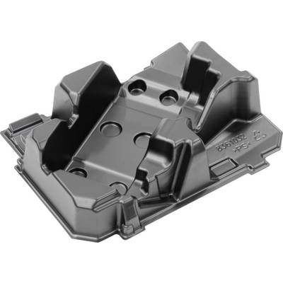 A grey plastic injection-moulded component with recessed sections and raised edges, potentially for use in packaging or as a mounting bracket.