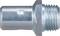 A silver-coloured metal adapter with an external thread on the right side and a smooth surface on the left side.