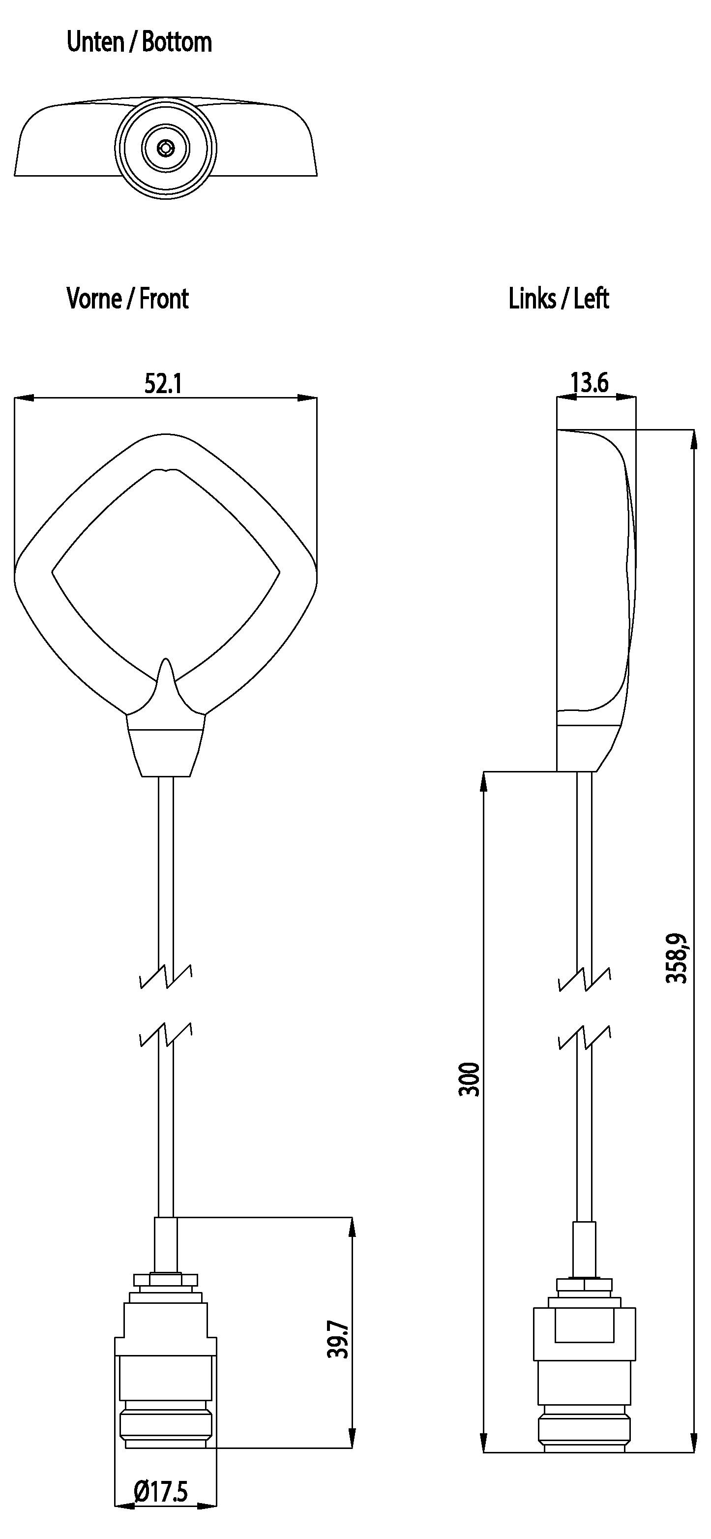 Technical drawing of an electronic component with cable. Dimensions: Height 397 mm, Width 52.1 mm, Depth 13.6 mm. View from bottom, front and left.