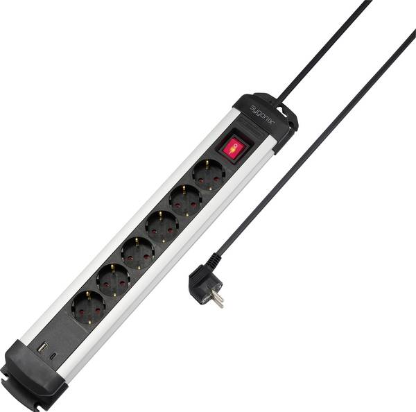Sygonix SY-6807130 Power strip (+ switch) 6x Black, Silver PG connector 1 pc(s)