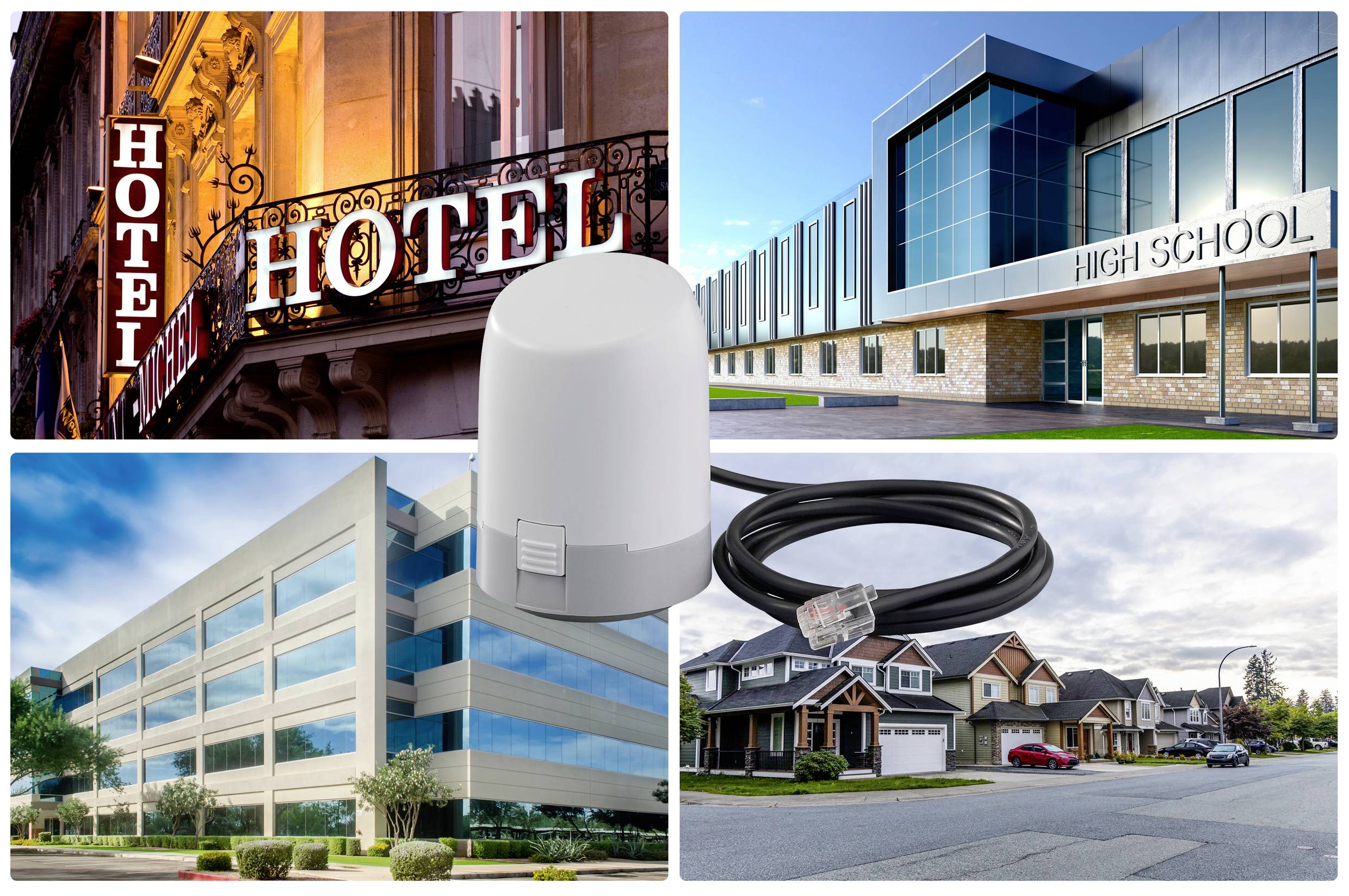 'Images showing a hotel, high school, office building, and residential area, illustrating diverse locations where a wireless device can be used.'