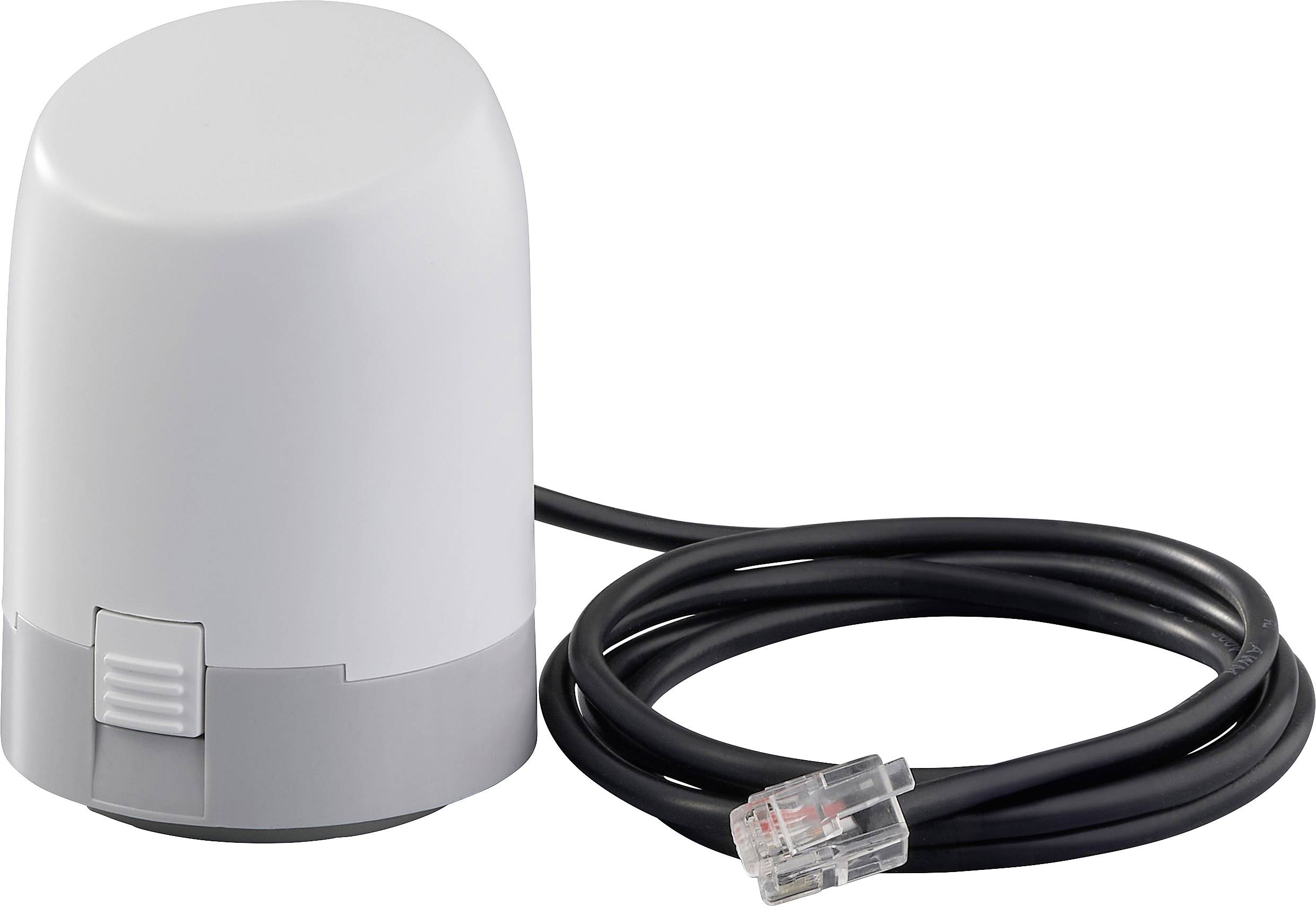 A white thermostat actuator with a gray base, connected to a black cable with a clear adapter.