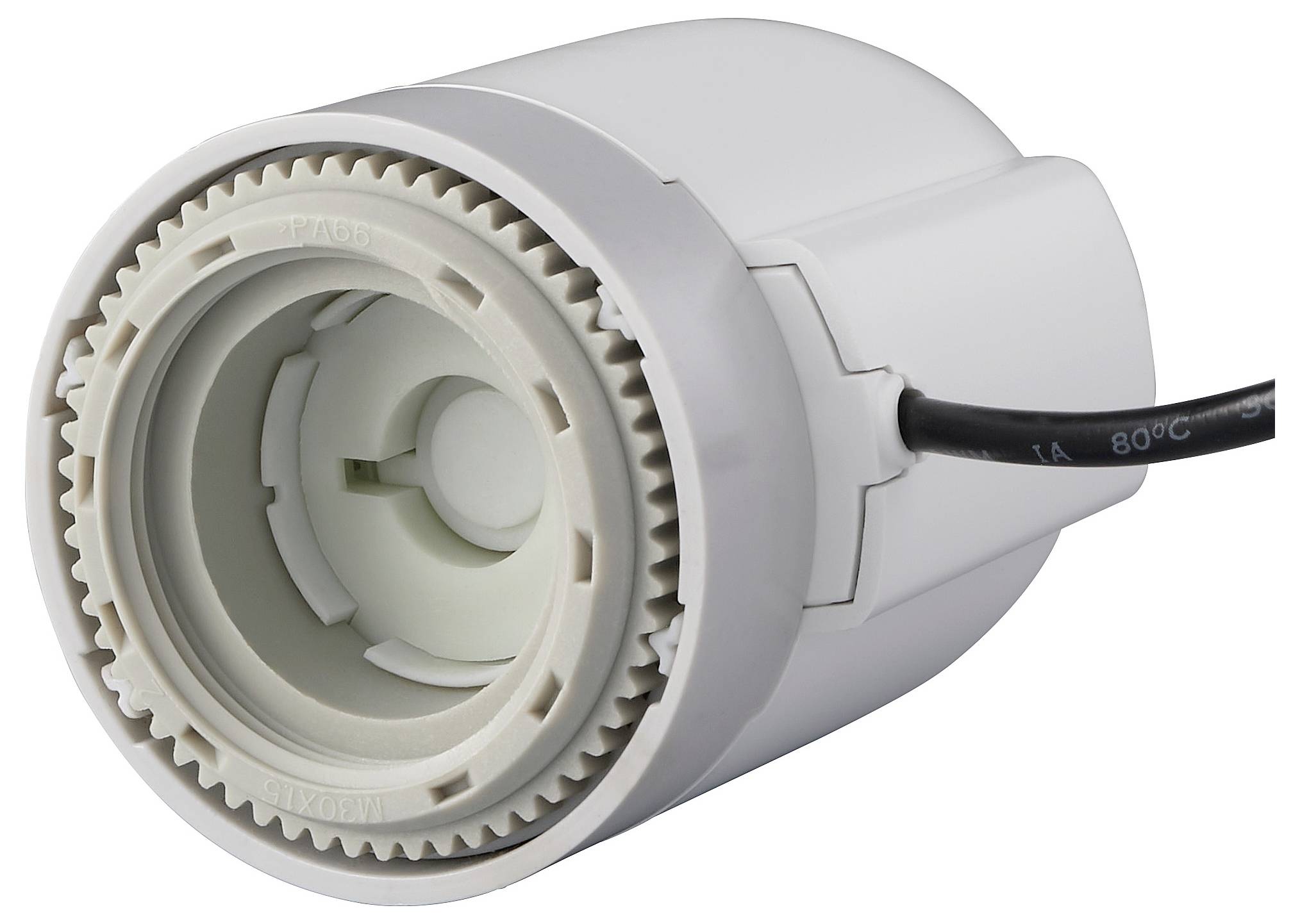 An electrical actuator with a white, cylindrical design and a connected black cord, used for controlling valve movements in HVAC systems.