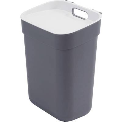 A tall, grey waste bin with a white lid and integrated carry handle, suitable for waste disposal in indoor areas.