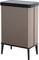 A tall, rectangular rubbish bin with a brown metallic surface and black lid. Standing on four slender legs.