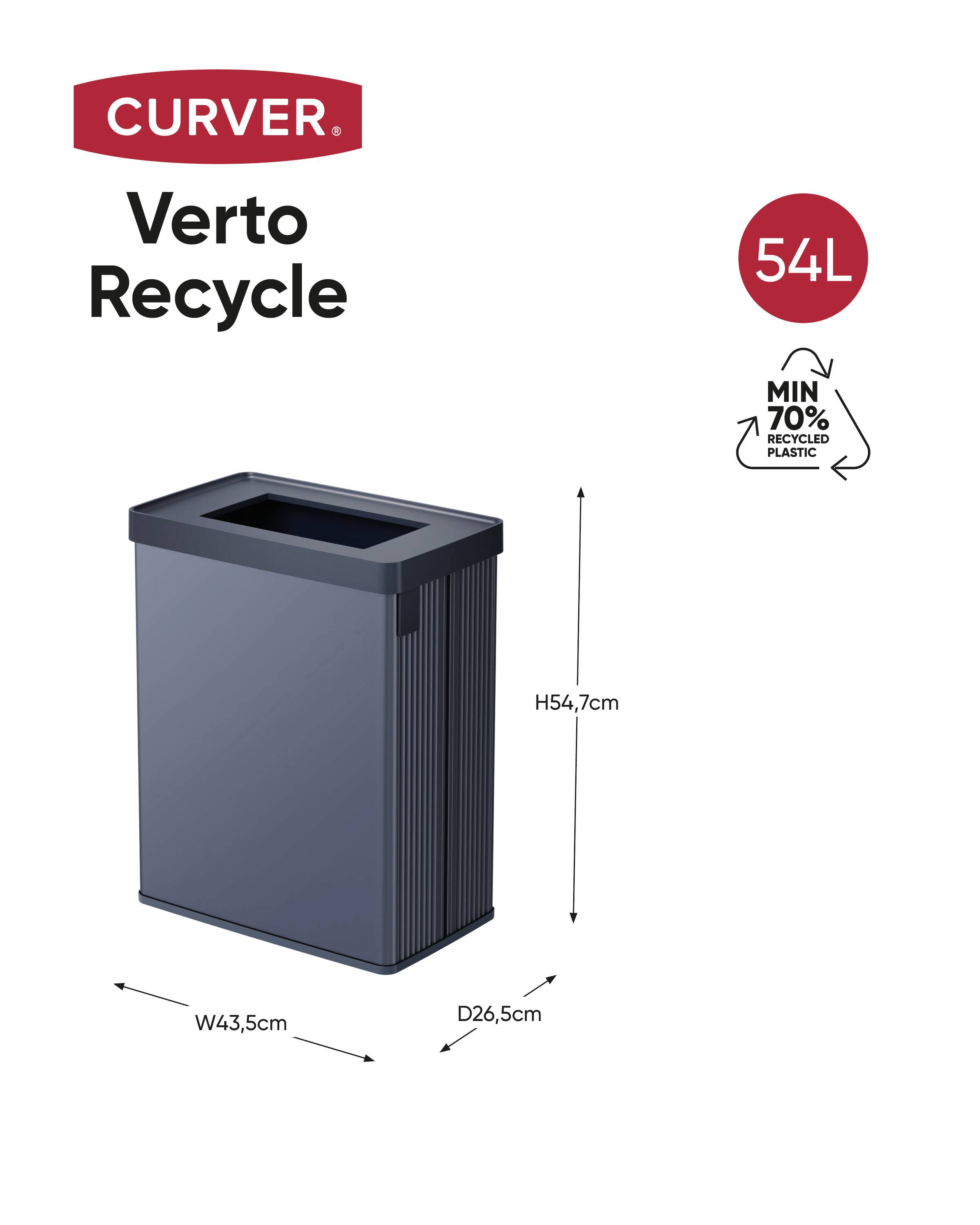 'Curver Verto Recycle' - Grey Waste Bin, Capacity 54L, Dimensions: H 54.7 cm, W 43.5 cm, D 26.5 cm, made from at least 70% recycled plastic.