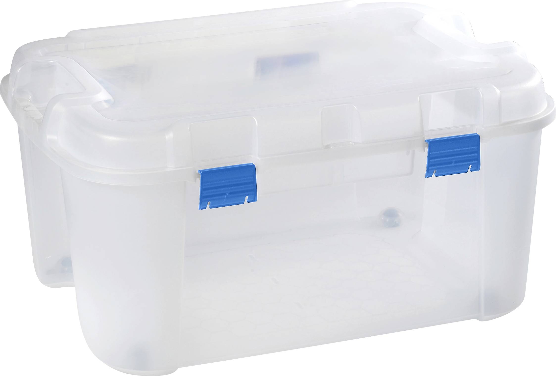 Translucent plastic storage box with blue fastenings, suitable for storing various items.