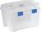 Transparent plastic box with two blue fastenings; suitable for storing and organising items.