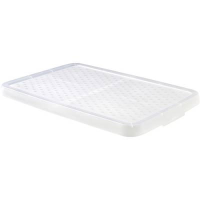 A rectangular, white plastic lid with ventilation holes, suitable for storage boxes.