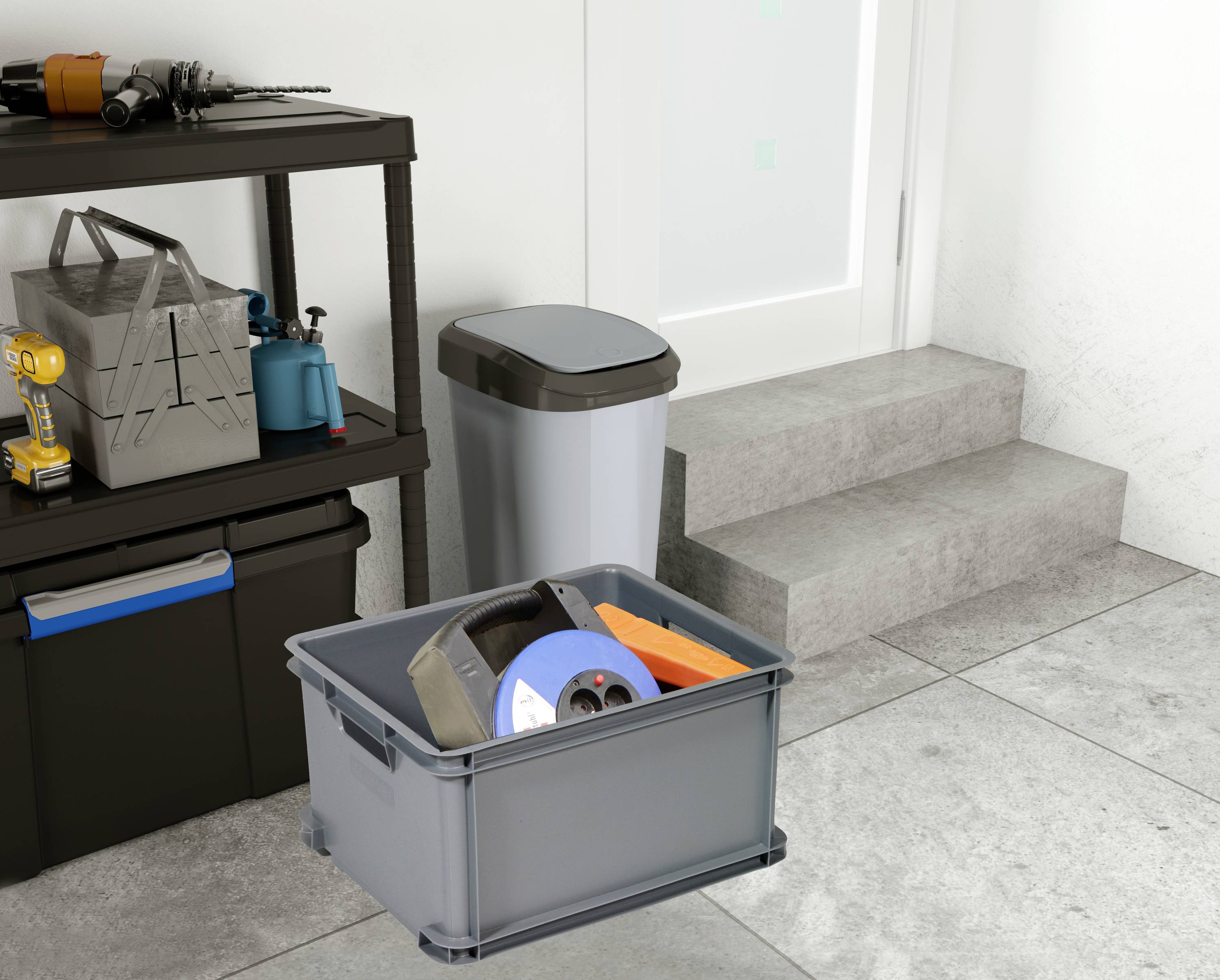 Grey storage room with a shelf full of tools, grey dustbin, and grey storage box with accessories next to a low staircase.