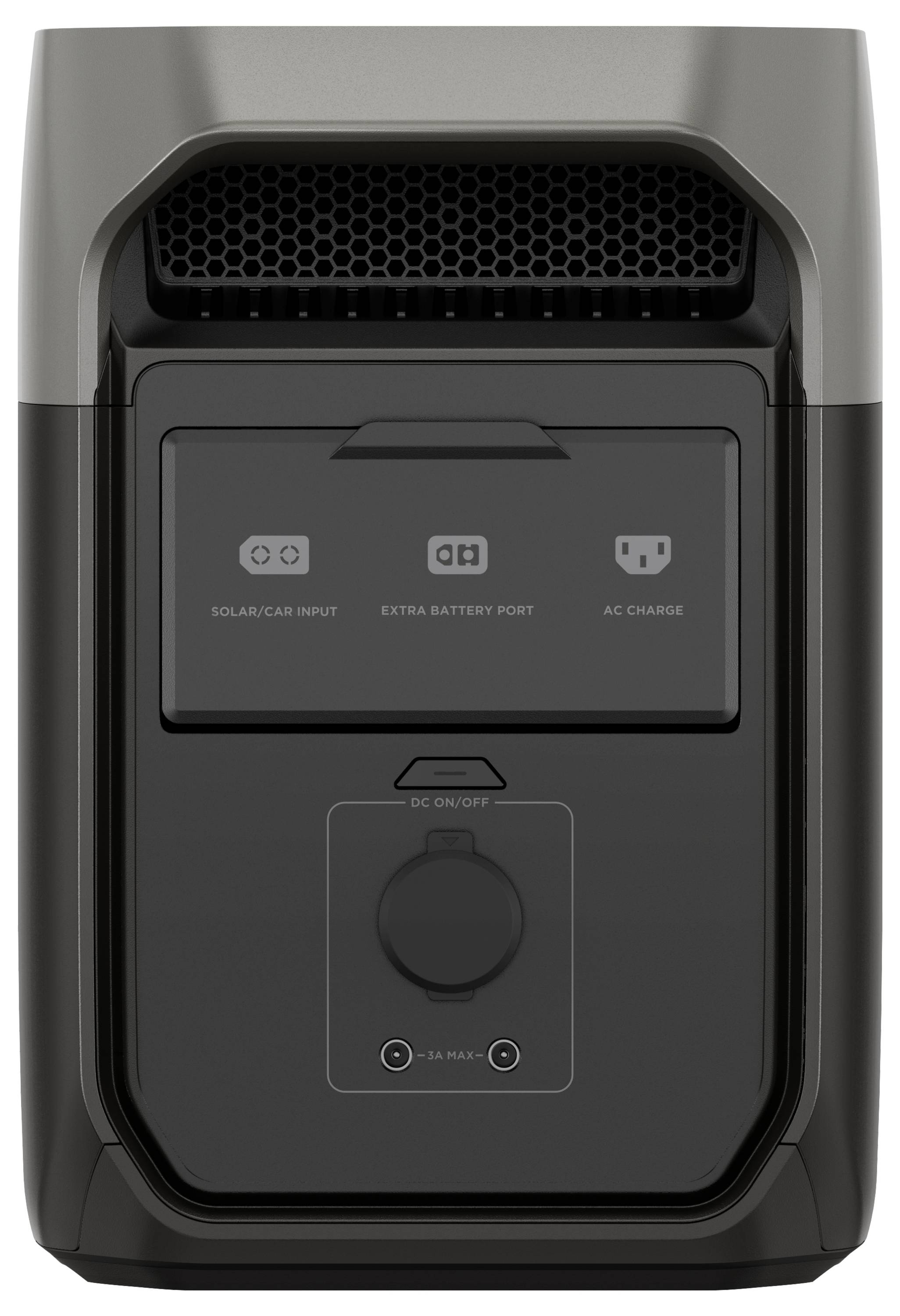 Portable power station with connections for solar and car charging, additional battery input, and AC charging port.